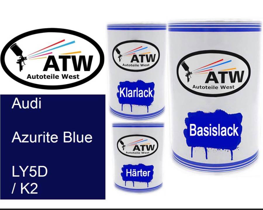 Audi, Azurite Blue, LY5D / K2: 500ml Lackdose + 500ml Klarlack + 250ml Härter - Set, von ATW Autoteile West.